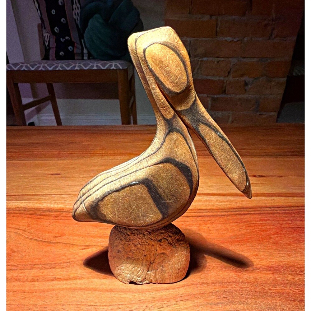 Hand Carved Wooden Pelican Bird Figurine Natural Finish on Base 6 in Tall